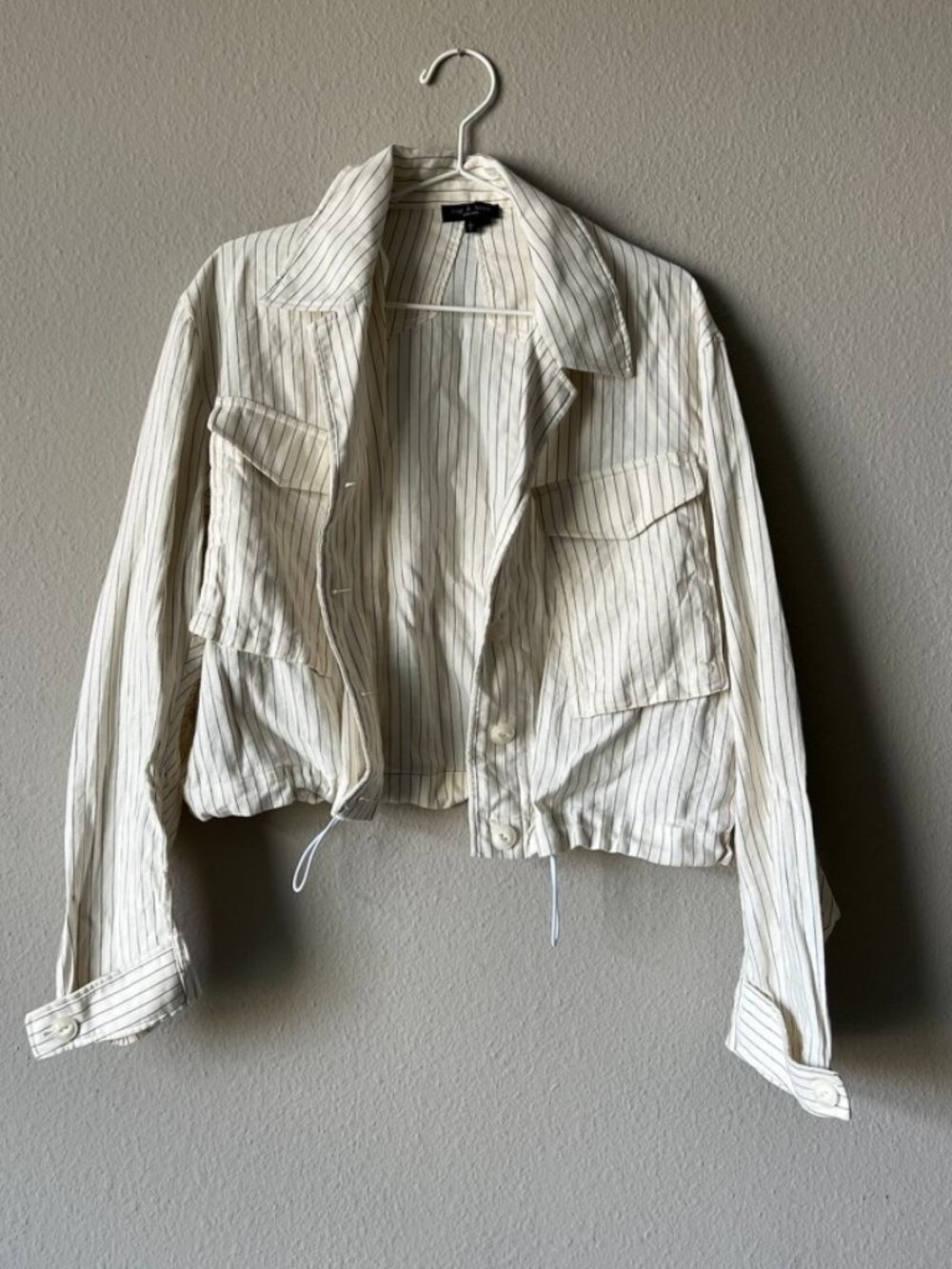 RAG & BONE Cream Pinstripe Linen Blend Cropped Utility Jacket Size L